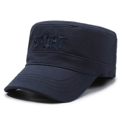 Men's adjustable cotton flat-top peaked cap in army green with dome crown and English letter detailing