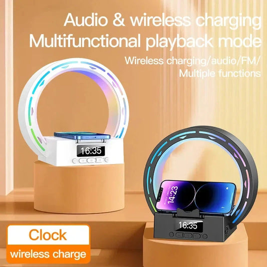 4-in-1 Wireless Bluetooth Speaker with charging pad and bedside lamp in white and black options