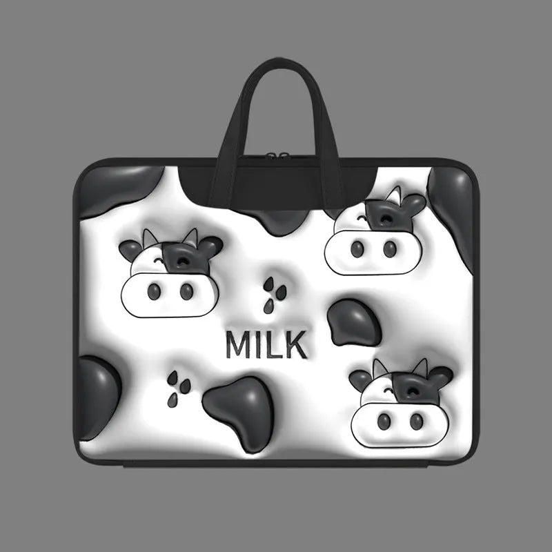 Inflatable laptop bag in PU leather with suitcase attachment strap and cute panda design print