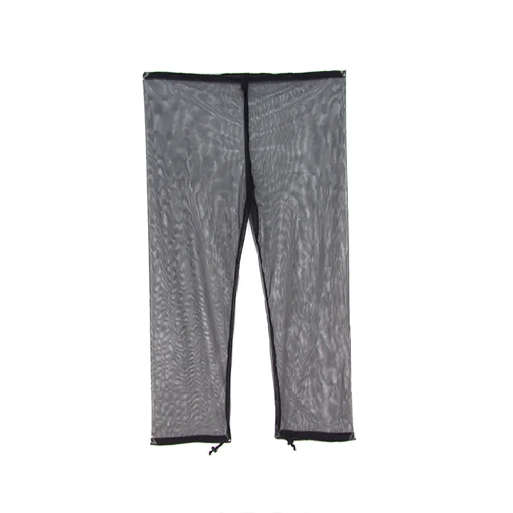 Anti-mosquito hooded suit and trousers set in breathable mesh fabric for outdoor wear.
