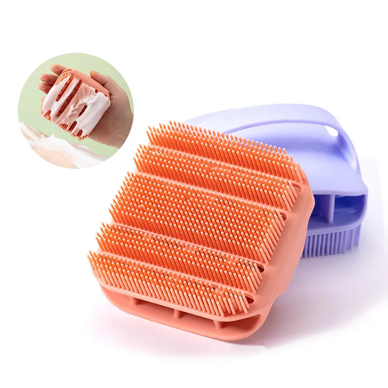 Silicone scalp massager shampoo brush with long bristles and ergonomic handle in assorted colours.