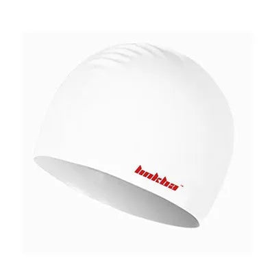 Silicone swimming cap with earmuffs in multiple colours showing letter pattern.