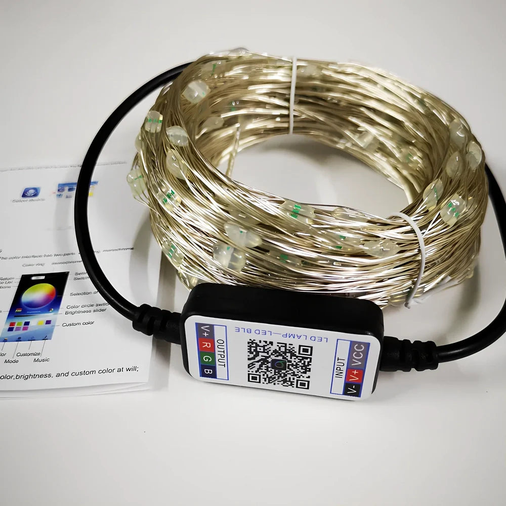 Bluetooth APP-controlled LED light string with flexible copper wire and plastic shell for indoor decoration