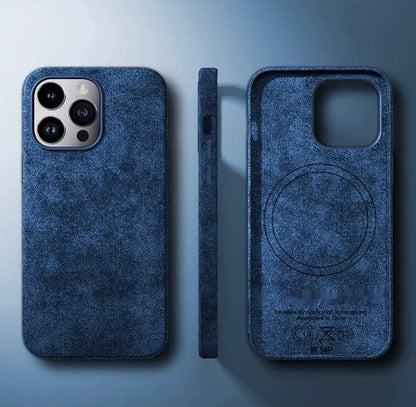 Alcantara suede magnetic phone case for Apple iPhone in black, showing frosted finish and anti-fall design.