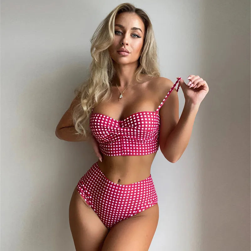 Bikini swimsuit for women, featuring a sexy plaid design with a split high waist in a choice of rose red, black, blue, and sky blue, available in S to 4XL sizes and made from 90% polyester lining for swimming and wading.