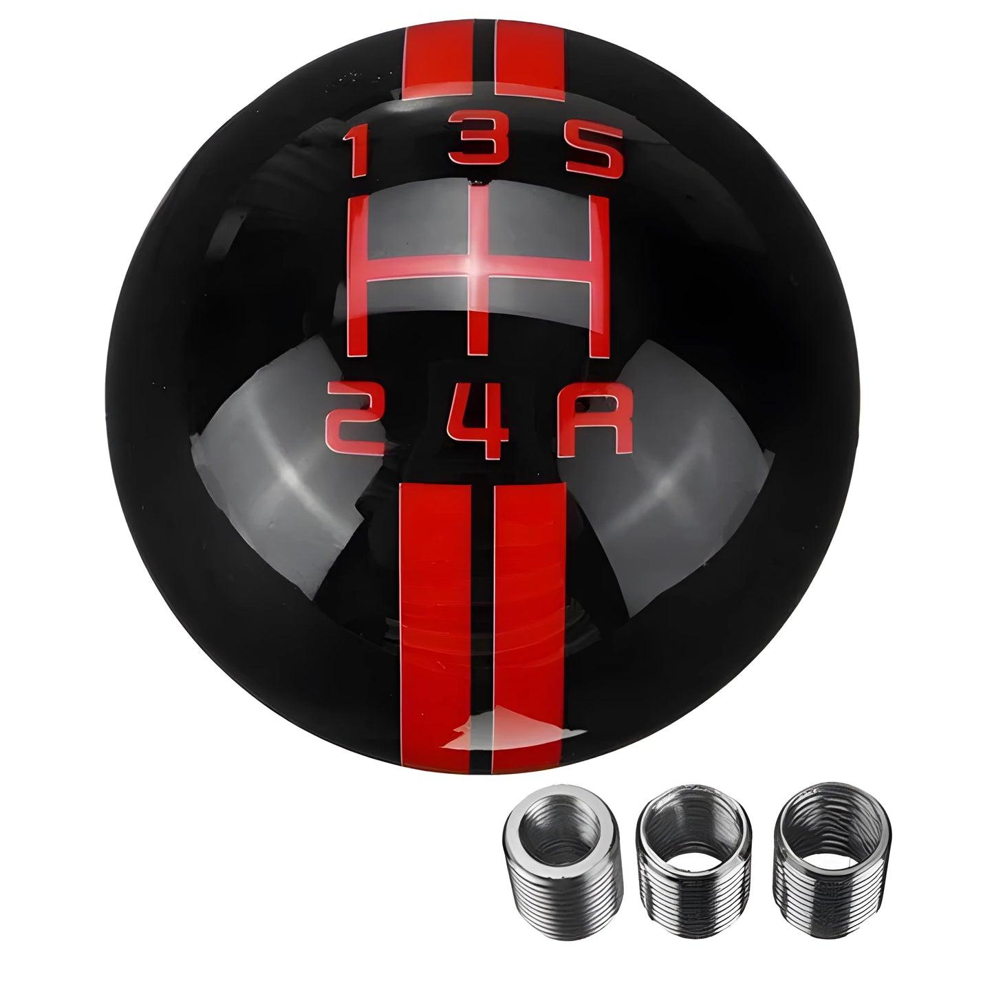 Universal black acrylic five-speed manual car gear knob with choice of red or white 5th gear lettering and screw accessories.