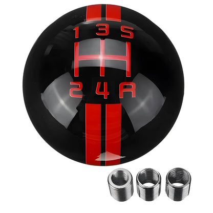 Universal black acrylic five-speed manual car gear knob with choice of red or white 5th gear lettering and screw accessories.