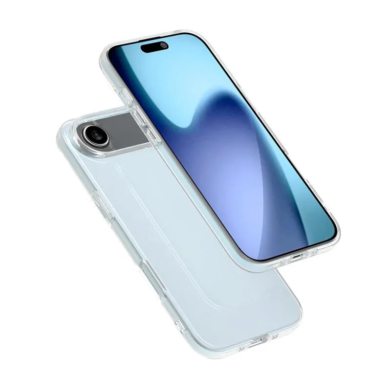 Transparent TPU phone case with magnetic suction and invisible bracket, compatible with iPhone and Samsung models.