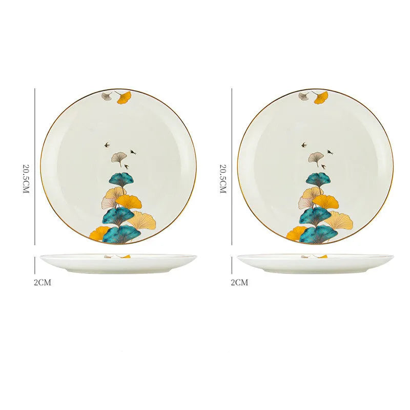 Round porcelain dinner plate with Nordic plant and flower design, flat disk shape, glaze colour finish