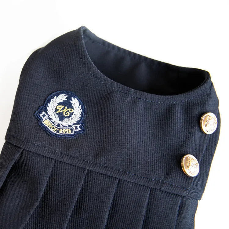 Dark grey polyester casual dog clothing shown on pet model with size options from 2XS to 3XL