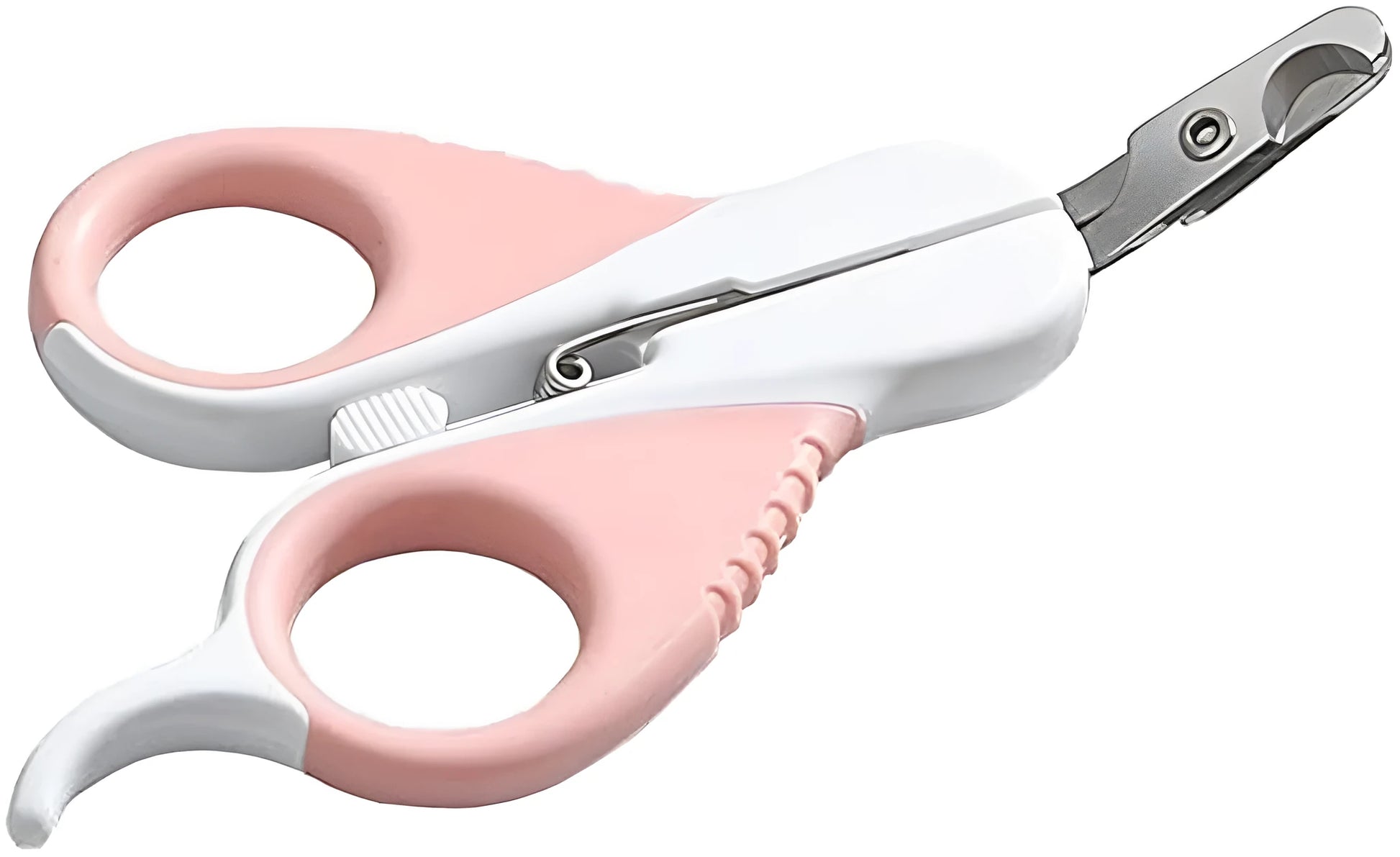 Grey and pink handled cat nail clippers with angled blade and safety lock for small pets