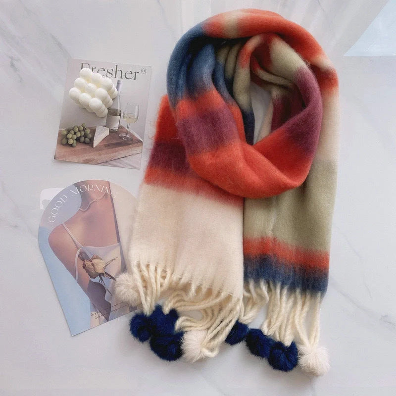 Vibrant Rainbow Mohair Tassel Scarf in various colors, perfect for winter fashion