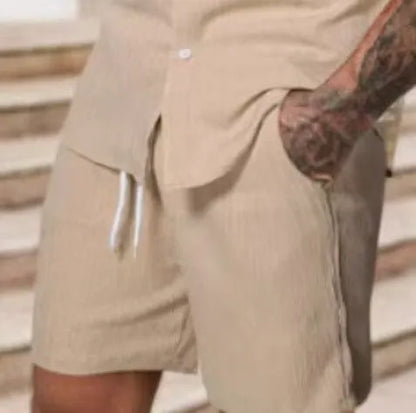 Men's striped printed casual suit with short sleeve shirt and matching shorts in polyester fabric