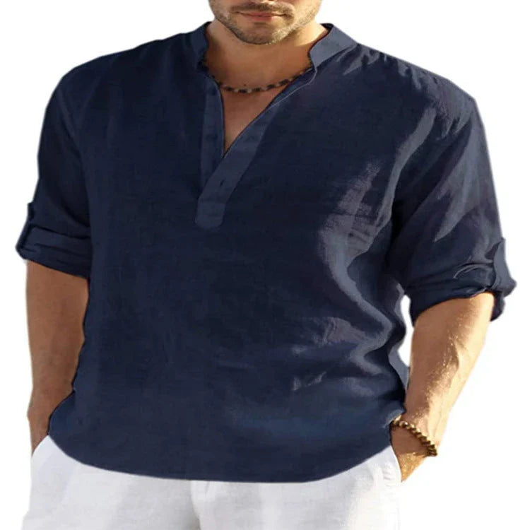 Stylish men's linen shirt with stand collar in various colours and sizes
