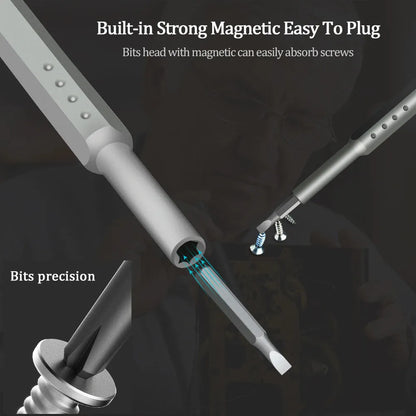 49-in-one magnetic precision screwdriver set with nickel aluminium bronze handle for phone repair.