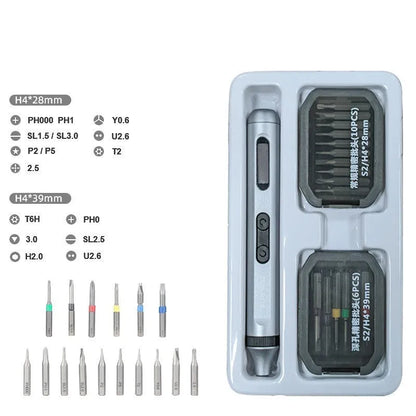 Aluminium-handle precision electric screwdriver showing compact design and charging port.