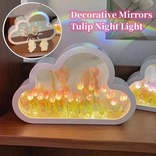 DIY Tulip Night Lamp with decorative mirrors and LED lighting in pink, purple, and blue