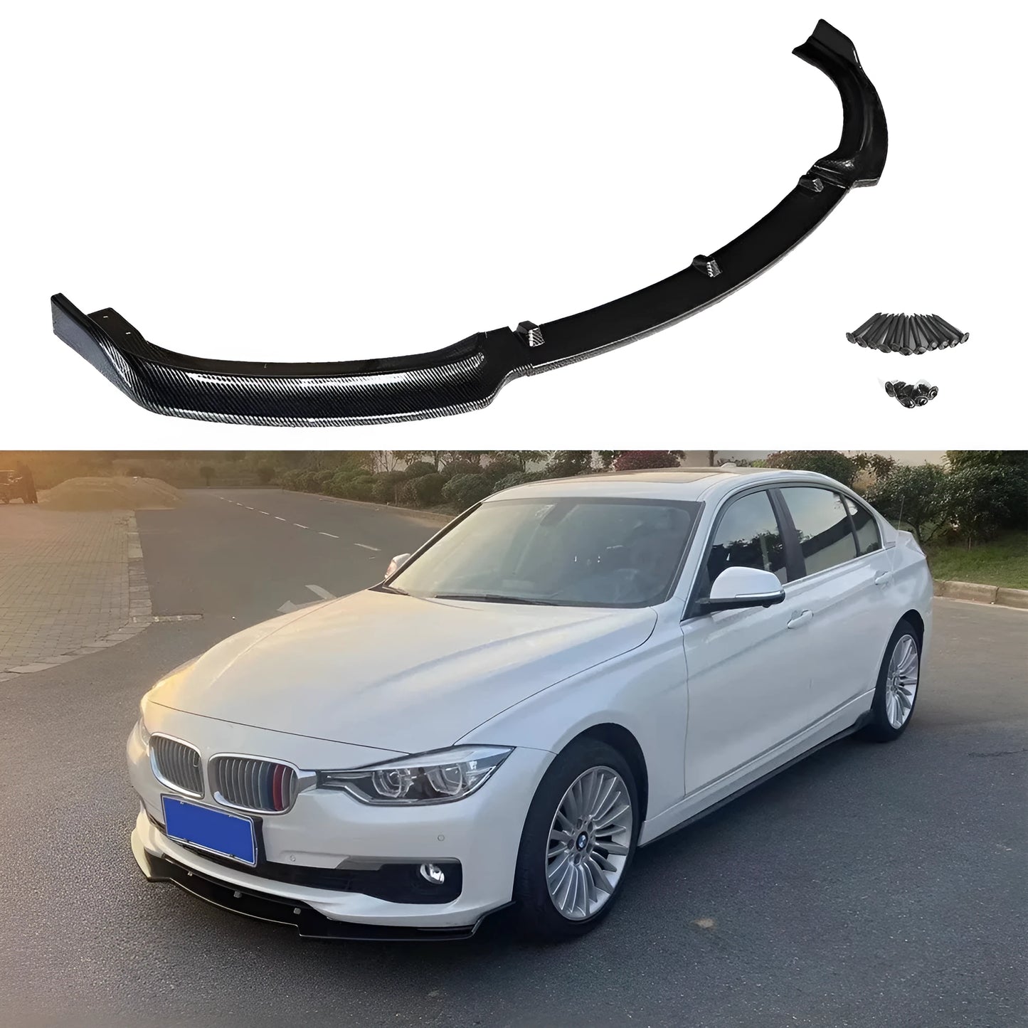 Bright black polypropylene front bumper lip for BMW F30 F35 3 Series, shown from a front angle.