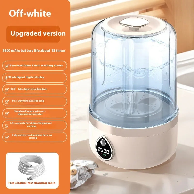 White portable USB-powered mini washing machine showing 13.5cm width and compact design