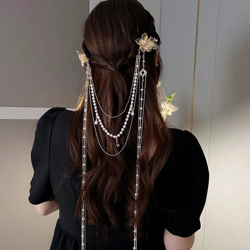Gold acrylic women's hairpin with long tassel and pearl diamond accents