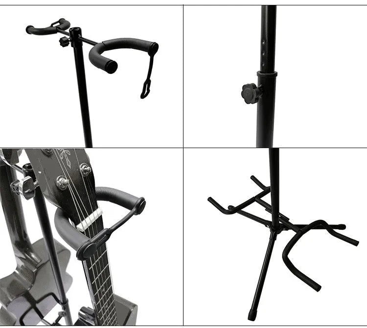 Black vertical double-headed adjustable guitar stand with protective rubber coating