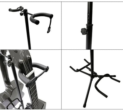 Black vertical double-headed adjustable guitar stand with protective rubber coating