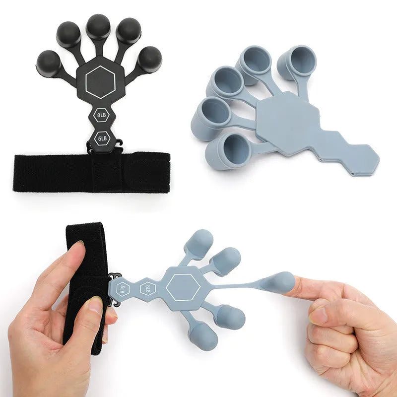 Black and grey silicone 5-finger rehabilitation hand trainer for adult fitness and strength training