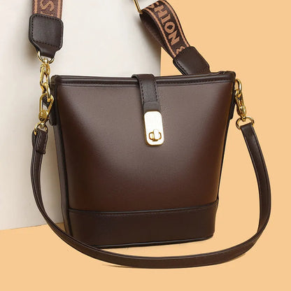 Soft black PU leather Korean style bucket bag with double shoulder straps and external pocket