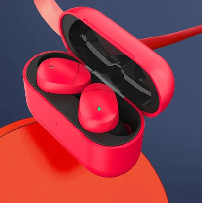 Flame red Qualcomm TWS 3040 Bluetooth wireless earphones with charging cable