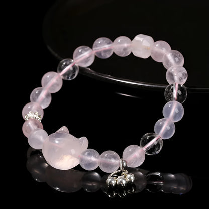 Women's geometric cat head bracelet with pink crystal beads and copper setting