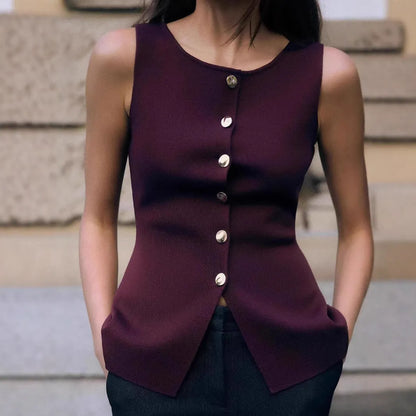 Women's dark red slim fit sleeveless sweater vest with gold buttons on a hanger.