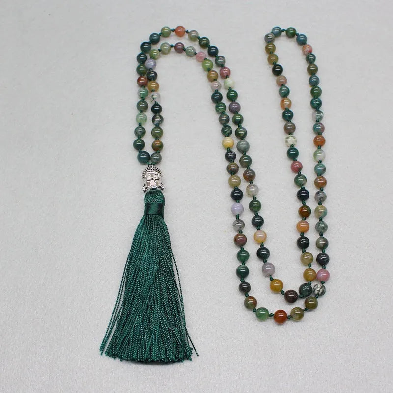 Indian agate blessing necklace with 108 geometric 6mm beads on single strand