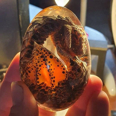 A lifelike resin dragon egg ornament with a crystal-clear, transparent design, sitting on a glowing lava-style base.