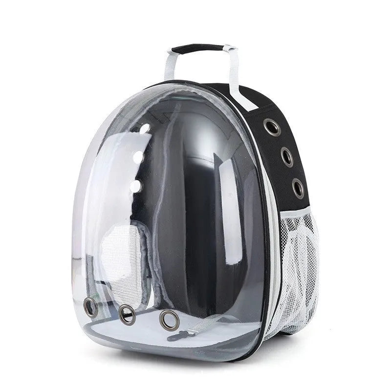 Grey PC plastic side opening pet carrier backpack for cats on a white background.