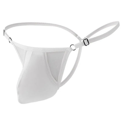 Men's ice silk T-back underwear in a geometric pattern, showing adjustable thin straps and low-waist fit.
