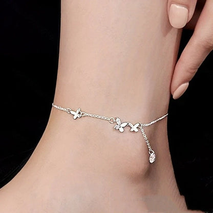 S925 Sterling Silver Butterfly Anklet with Zircon Flower Tassel in white gold color