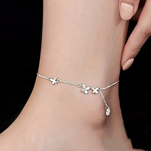 S925 Sterling Silver Butterfly Anklet with Zircon Flower Tassel in white gold color