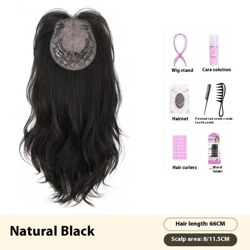Natural black 65cm big wave wig with seamless ultra-thin edges on display
