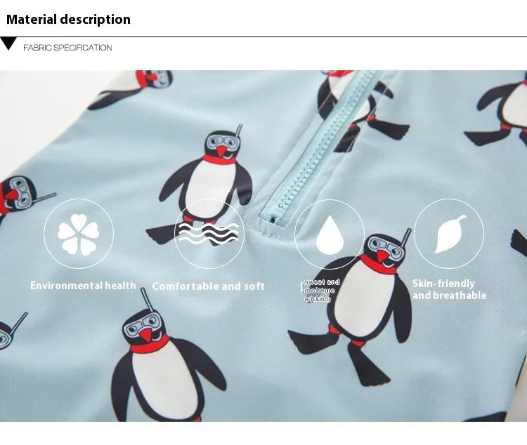Boy's penguin-print long sleeve swimsuit with matching swimming cap for sun protection