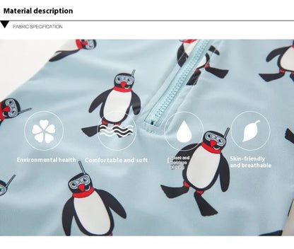 Boy's penguin-print long sleeve swimsuit with matching swimming cap for sun protection