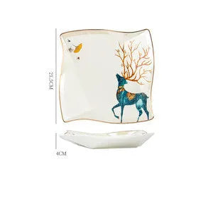 Round porcelain dinner plate with Nordic plant and flower design, flat disk shape, glaze colour finish