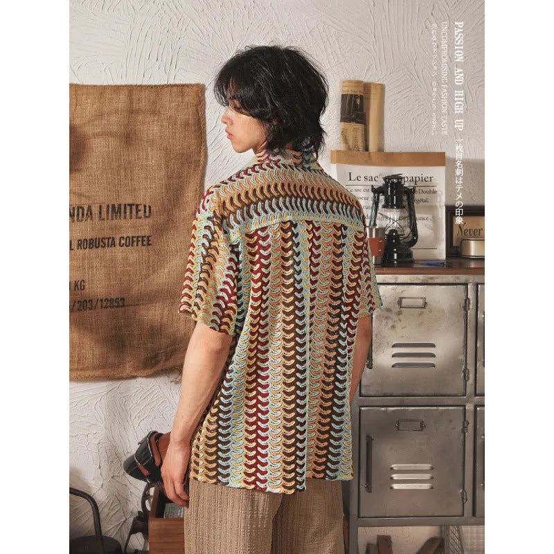 Grey plus-size men's Cuban collar shirt with a textured hollow jacquard print and short sleeves.