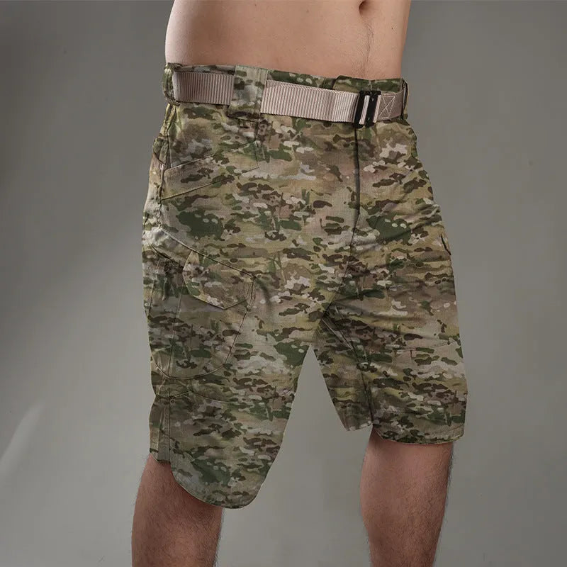Men's cotton blend tactical shorts in camouflage pattern for outdoor hiking and camping activities