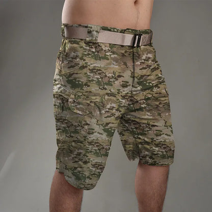 Men's cotton blend tactical shorts in camouflage pattern for outdoor hiking and camping activities