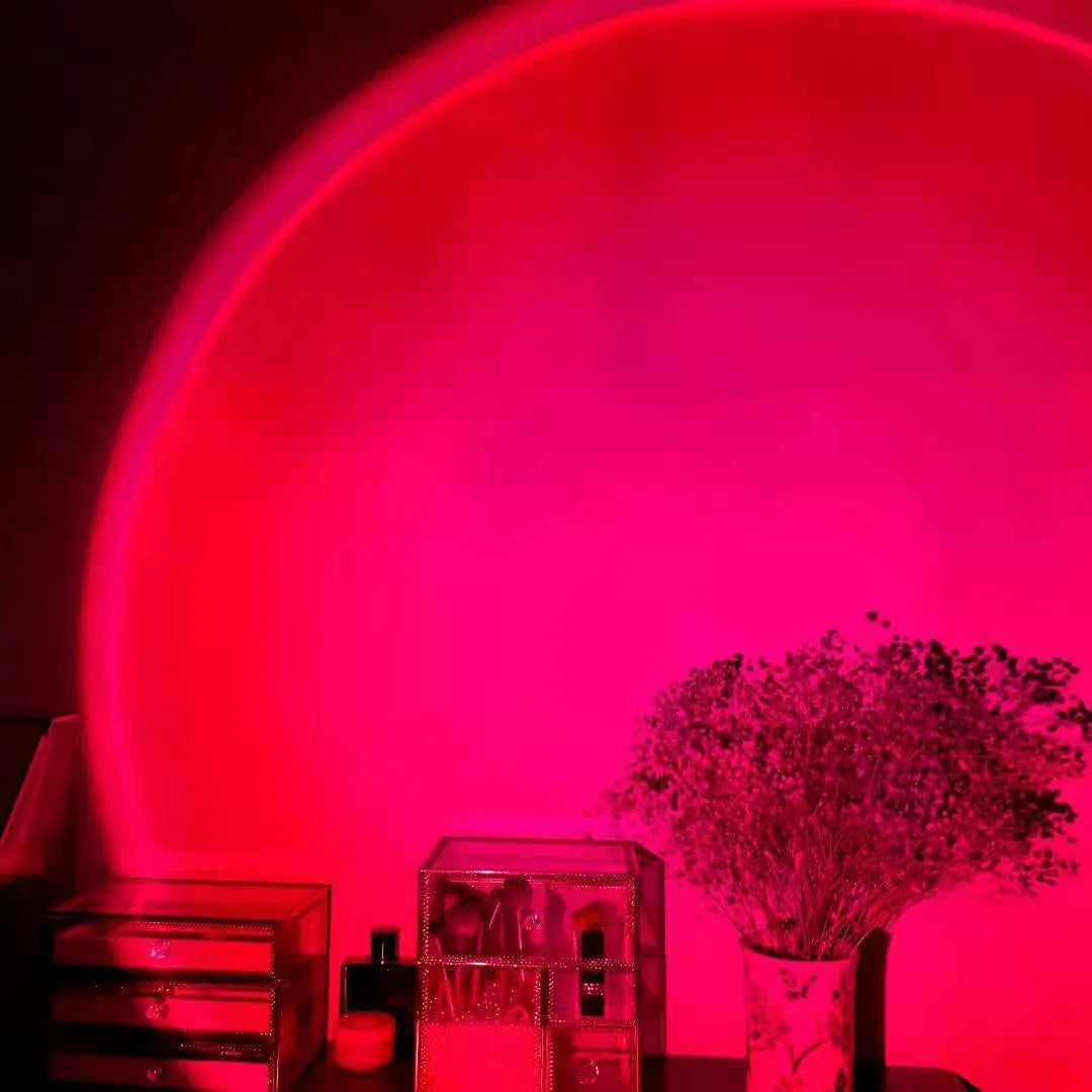 USB rechargeable sunset projection lamp showing rainbow and red lighting effects
