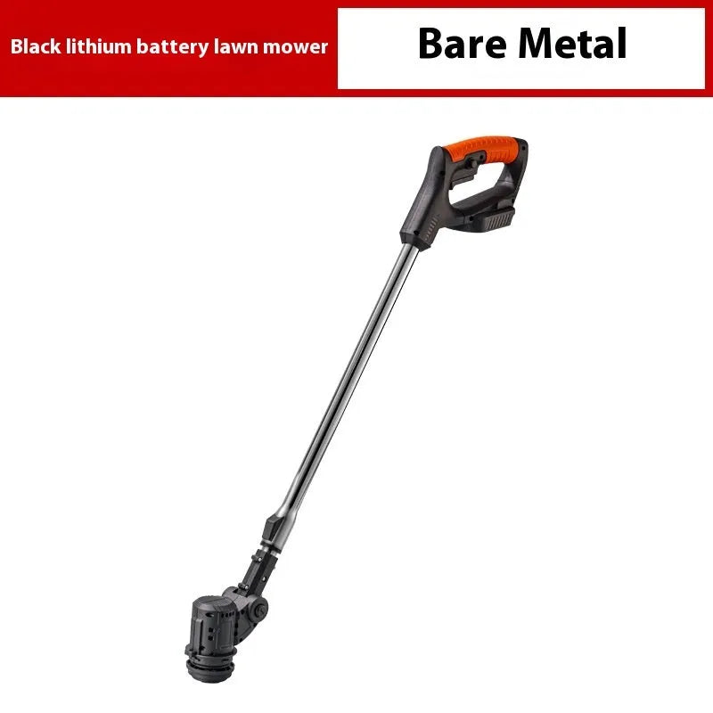 Portable household weeding machine in bare metal finish with long handle.