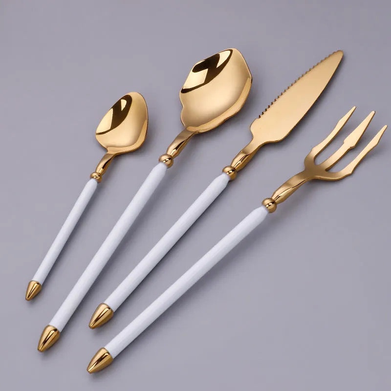 Stainless steel knife, fork, and two spoons set in a choice of seven metallic colour finishes.