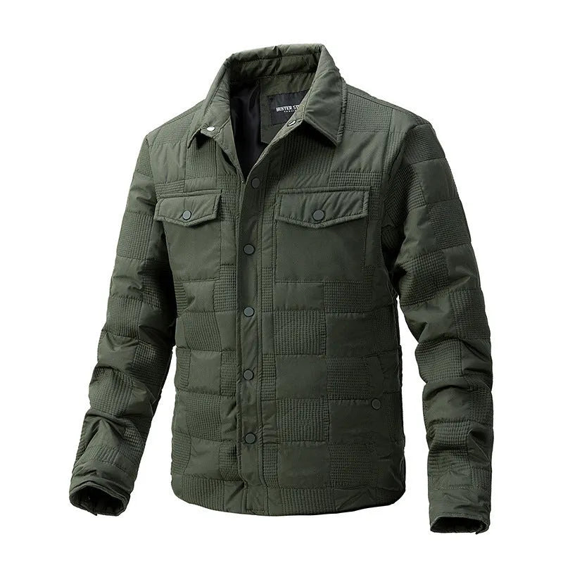 Man wearing a quilted polo collar shirt jacket in army green, showing the wool lining and knitwear style.