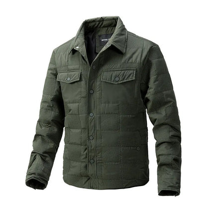 Man wearing a quilted polo collar shirt jacket in army green, showing the wool lining and knitwear style.