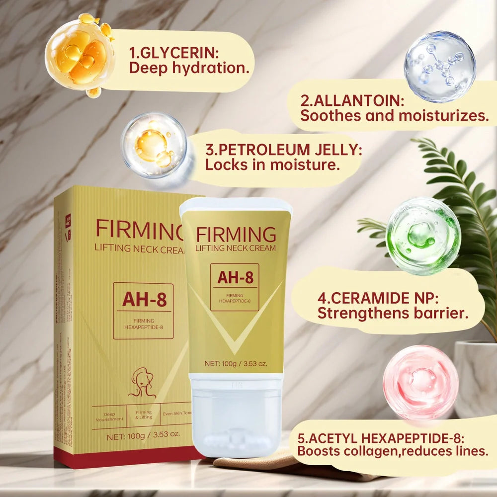 Neck firming cream with roller applicator, 120g container for daily neck skincare treatment